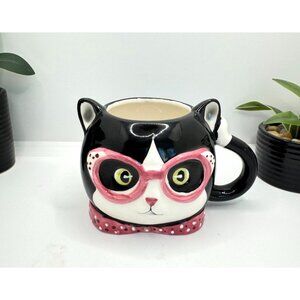 Cat Shaped Ceramic Coffee Mug With Pink Glasses & Bow Tie Design
